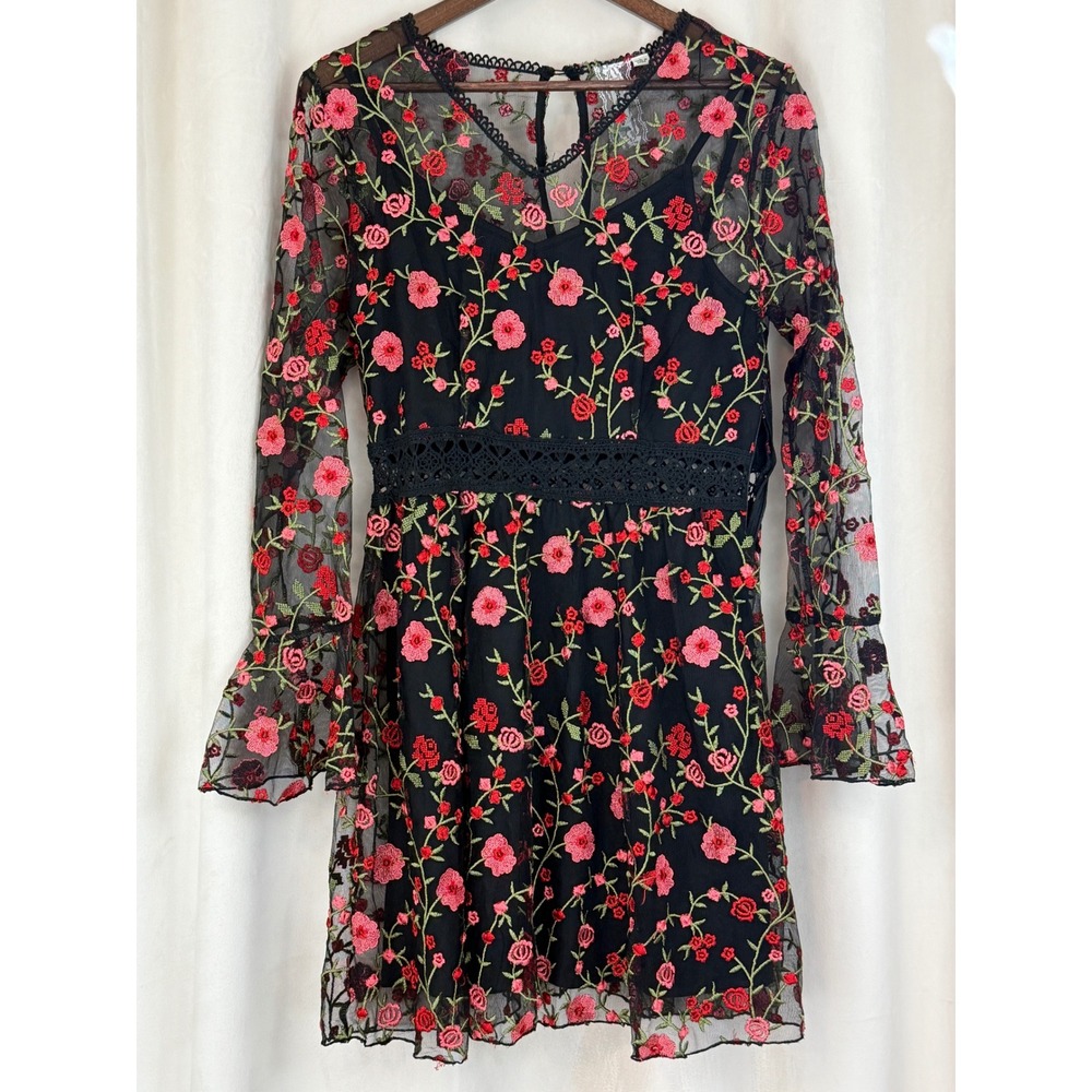 Ultrapink‎ Elvira Black Mesh Embroidered Mini Dress Long Sleeve Size Large